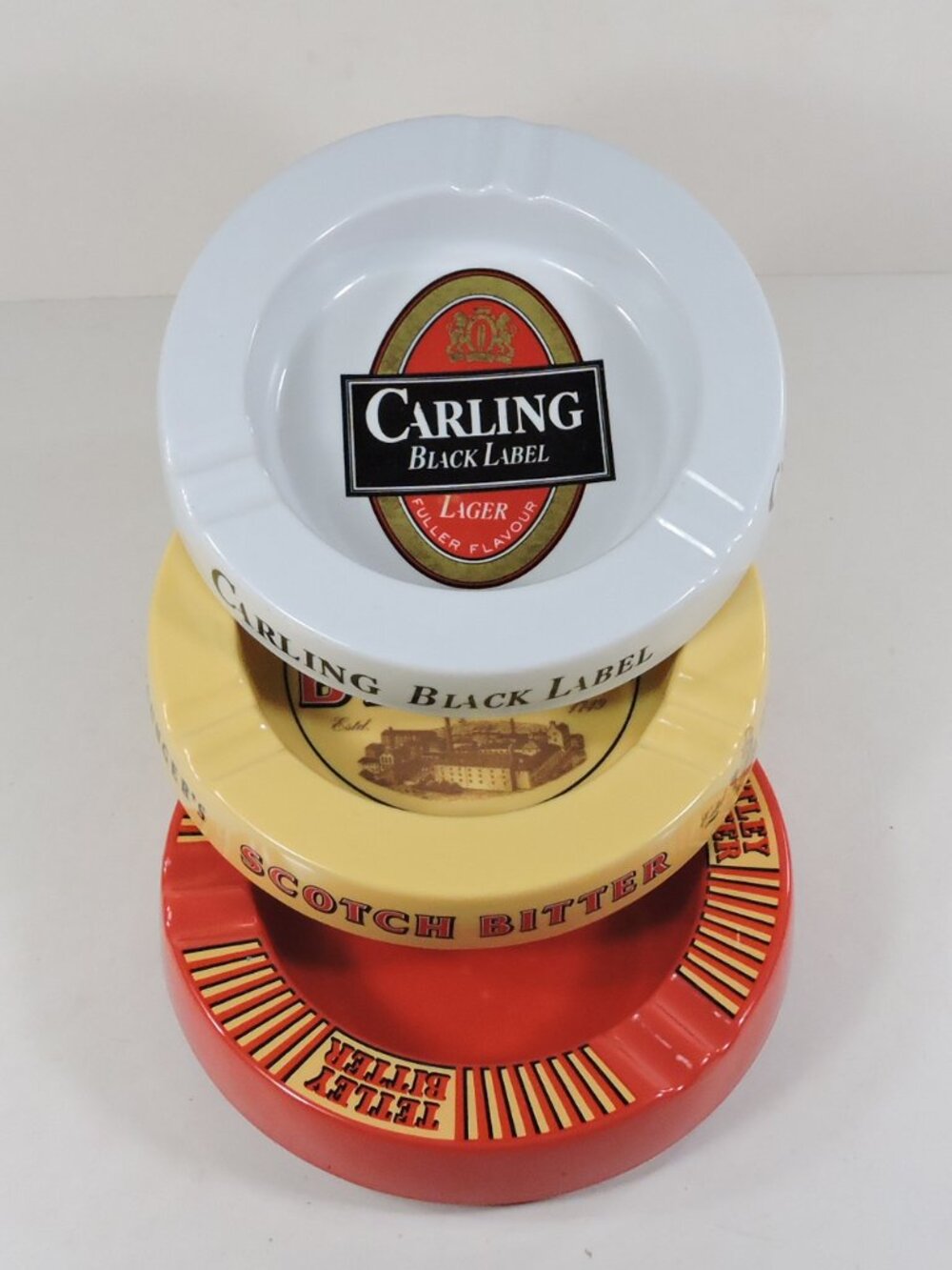 3 Vintage English Pub Ashtrays With Advertising "Carling Black Label" Barware